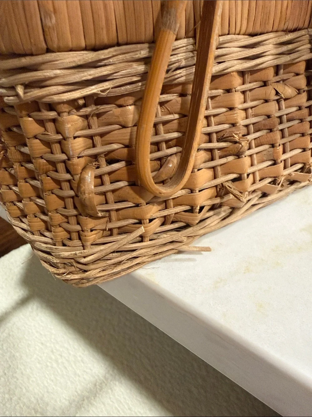 Vintage Woven Rattan Picnic-Style Basket in Natural Tan